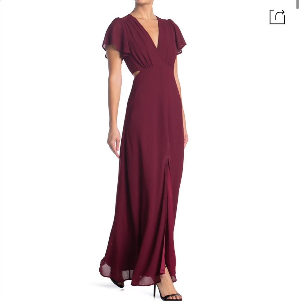 Dee Elly Waist Cut Out V Neck Burgundy Maxi Dress